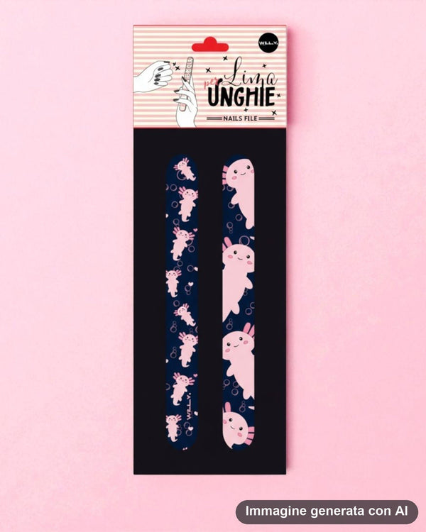 Set di due lime per unghie con axolotl rosa su fondo blu notte e verde chiaro