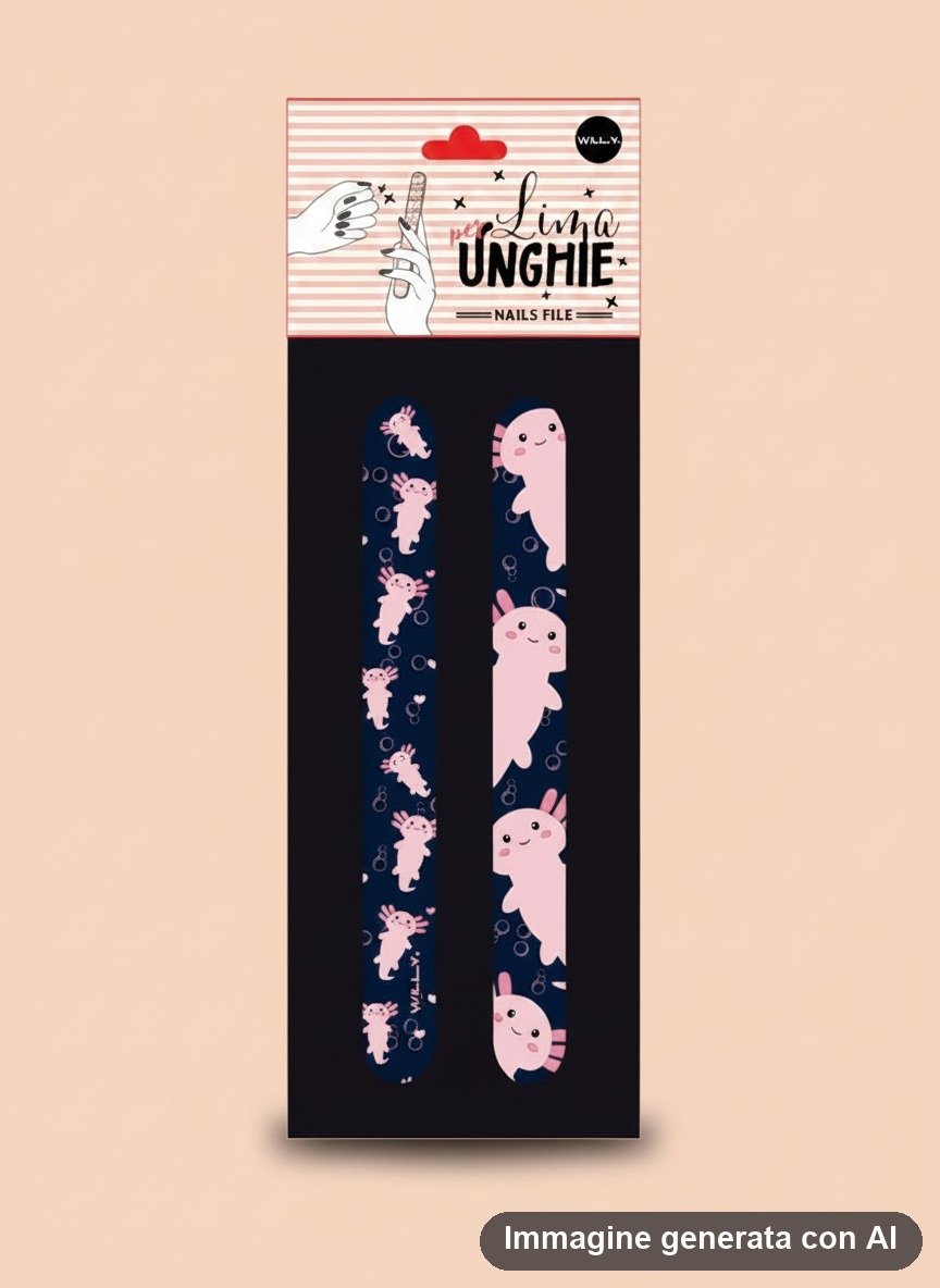 Set di due lime per unghie con axolotl rosa su fondo blu notte e verde chiaro