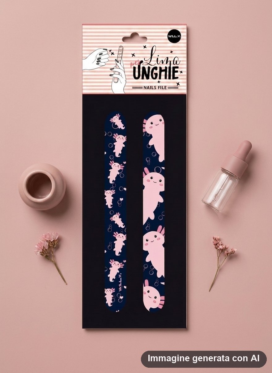 Set di due lime per unghie con axolotl rosa su fondo blu notte e verde chiaro