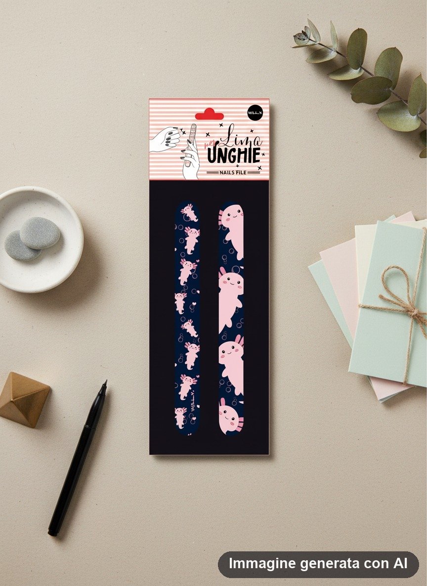 Set di due lime per unghie con axolotl rosa su fondo blu notte e verde chiaro