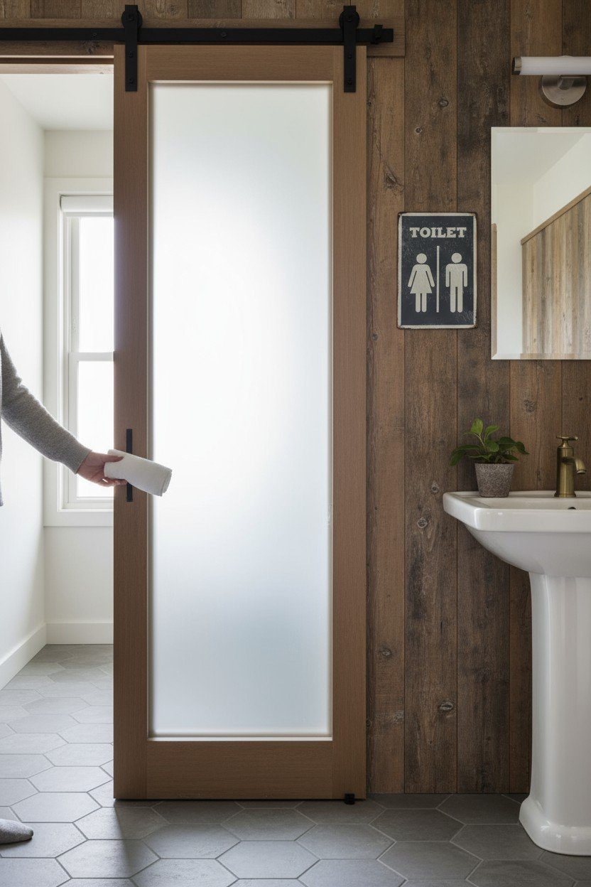 Placca toilet in stile vintage con figure stilizzate uomo e donna su fondo nero, applicata su parete in legno accanto a