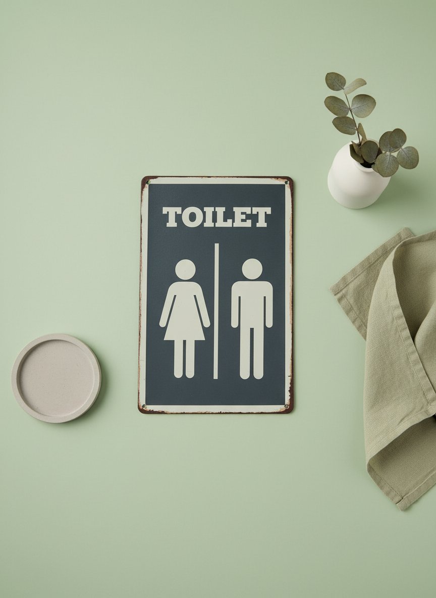 Placca toilet vintage blu scuro con figure stilizzate uomo e donna, bordo metallico invecchiato su sfondo verde salvia