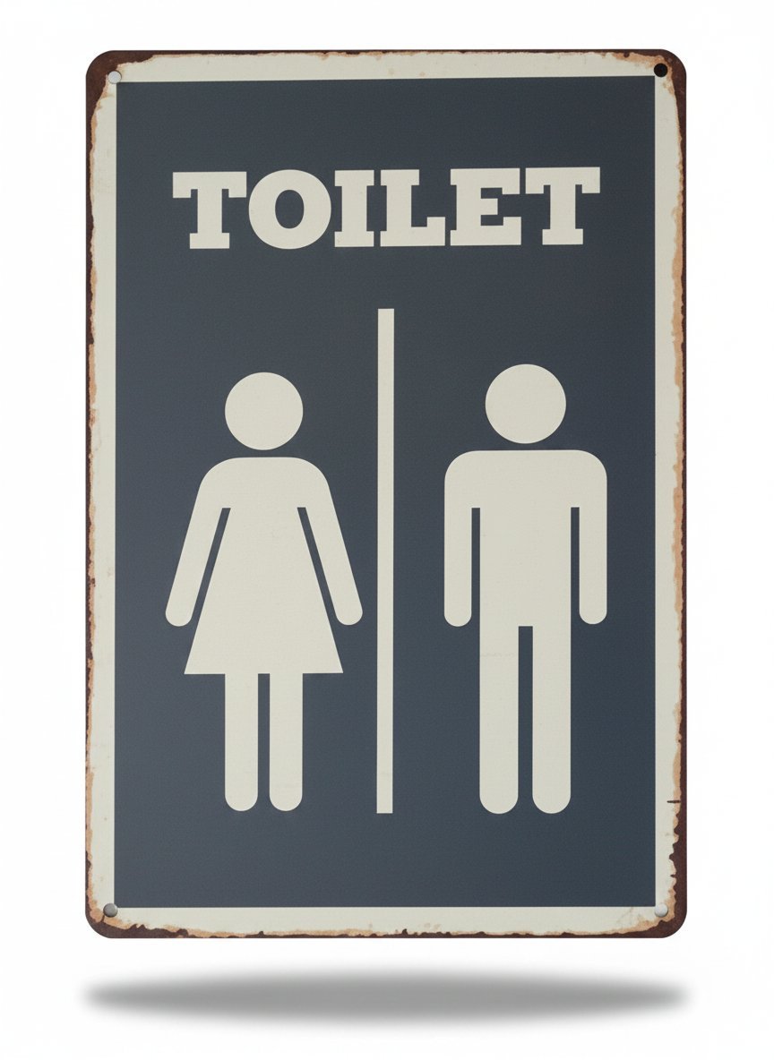Placca toilet vintage in metallo con figure stilizzate uomo e donna su sfondo grigio scuro