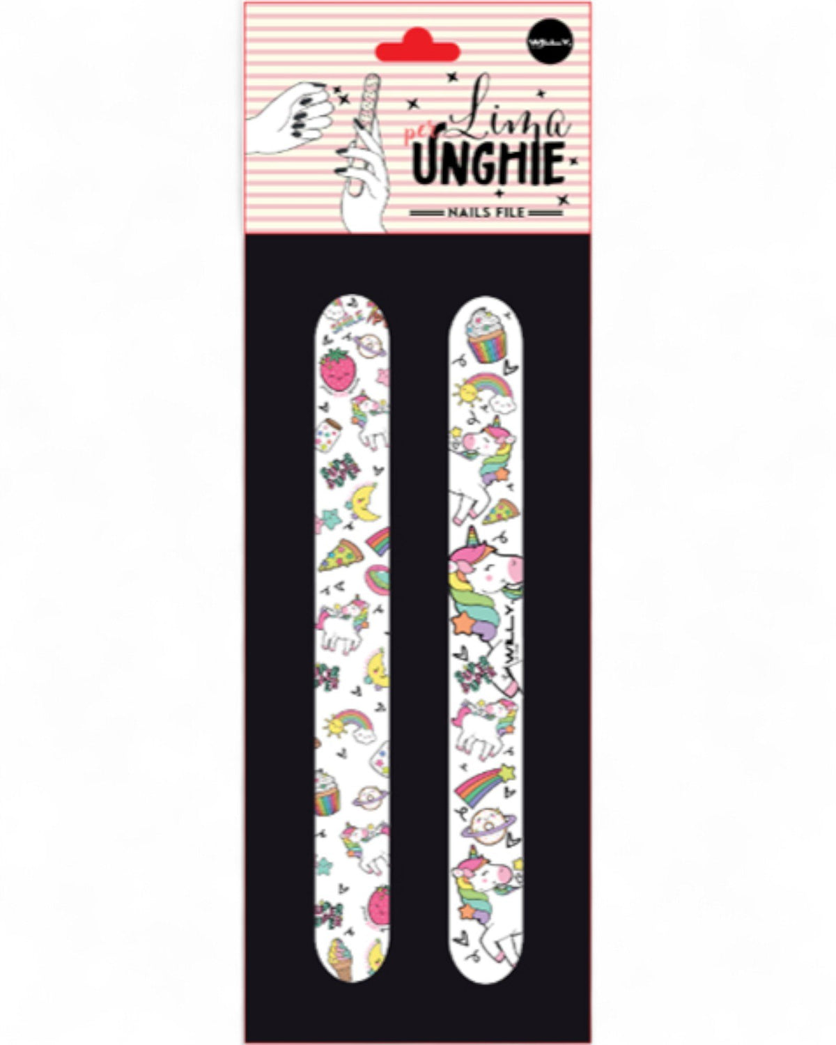 Set di due lime per unghie bianche con unicorni, arcobaleni e dolcetti disegnati