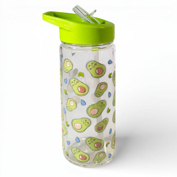 Borraccia trasparente da 650 ml con avocado disegnati, tappo verde lime e cannuccia
