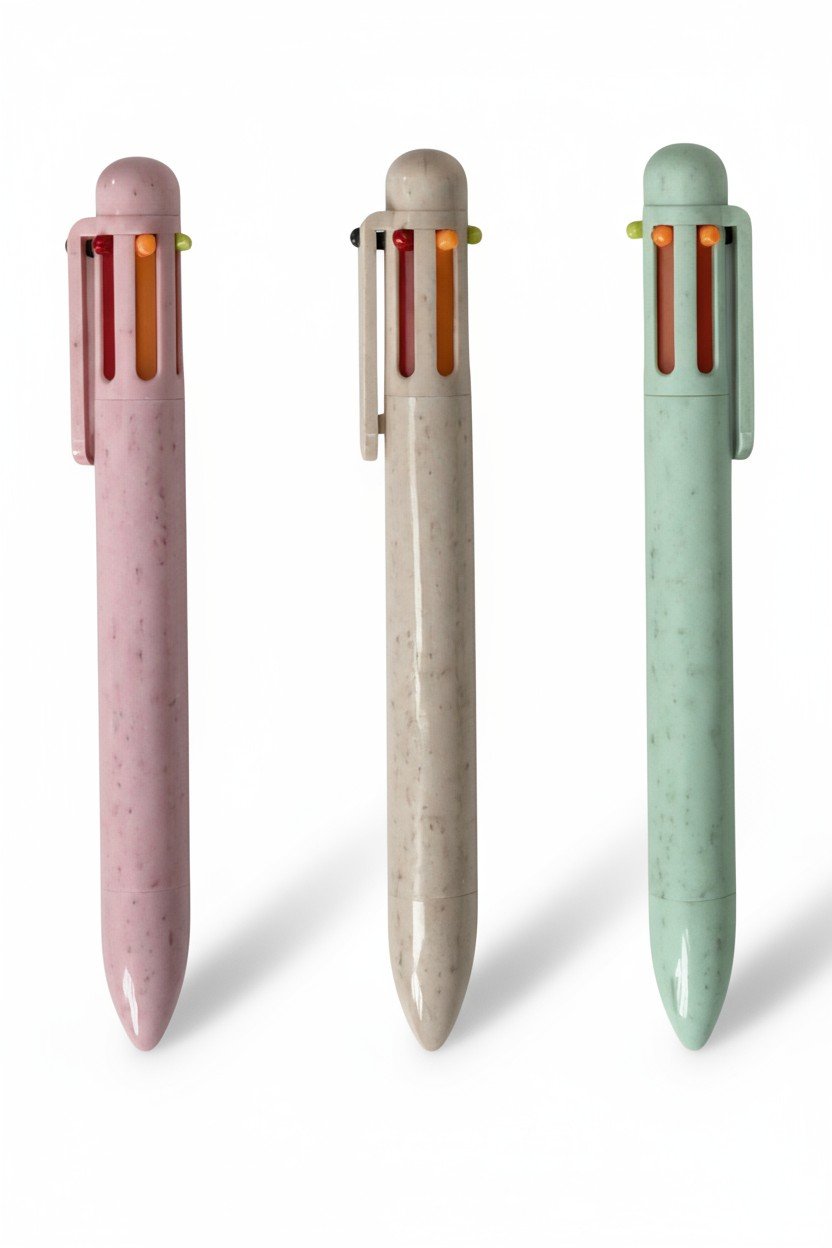Tre penne multicolor in tonalità pastello rosa, beige e verde con inserti dorati e fusti colorati visibili