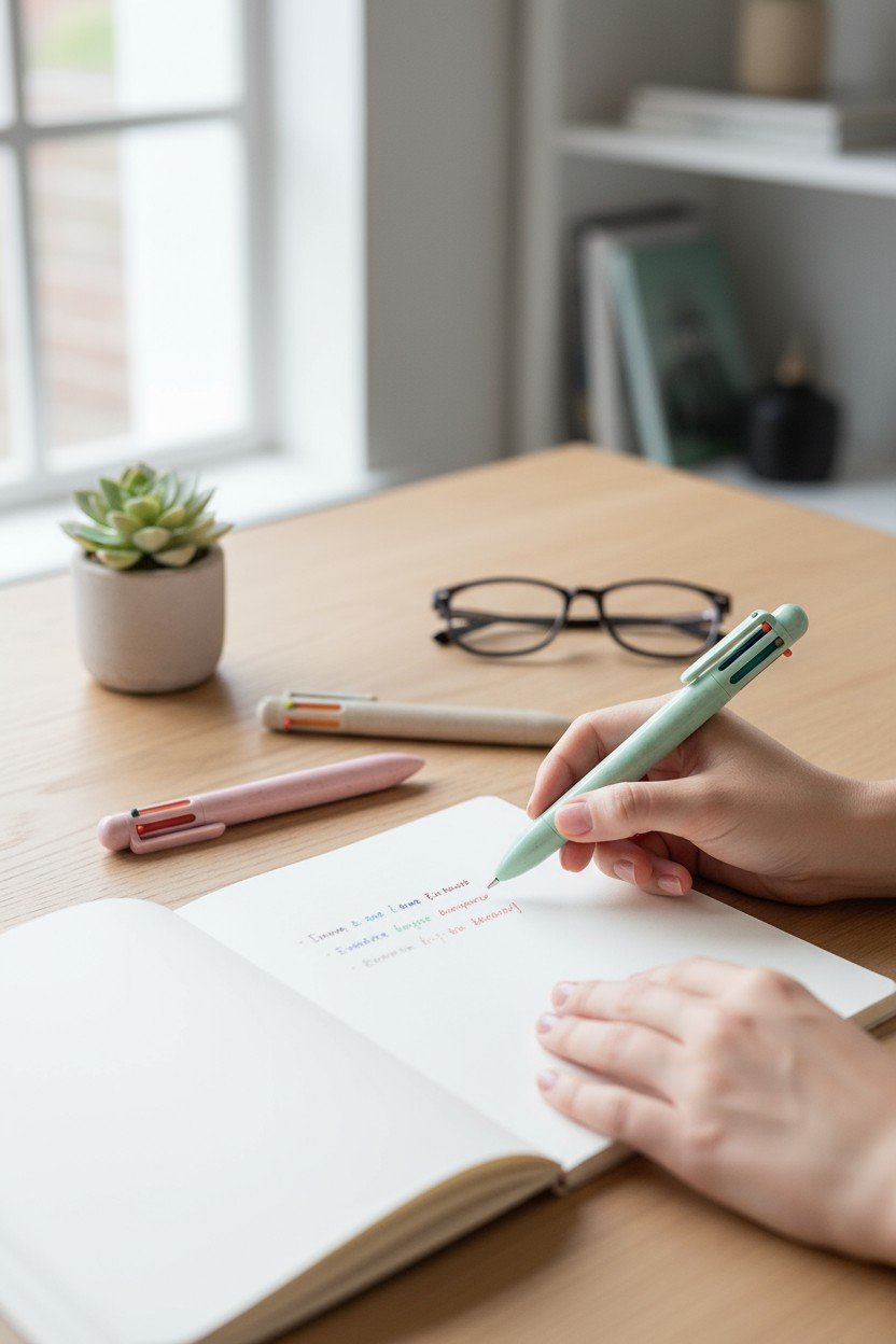 Penna multicolor pastello verde su quaderno, con altri pennarelli colorati e occhiali da lettura su scrivania in legno