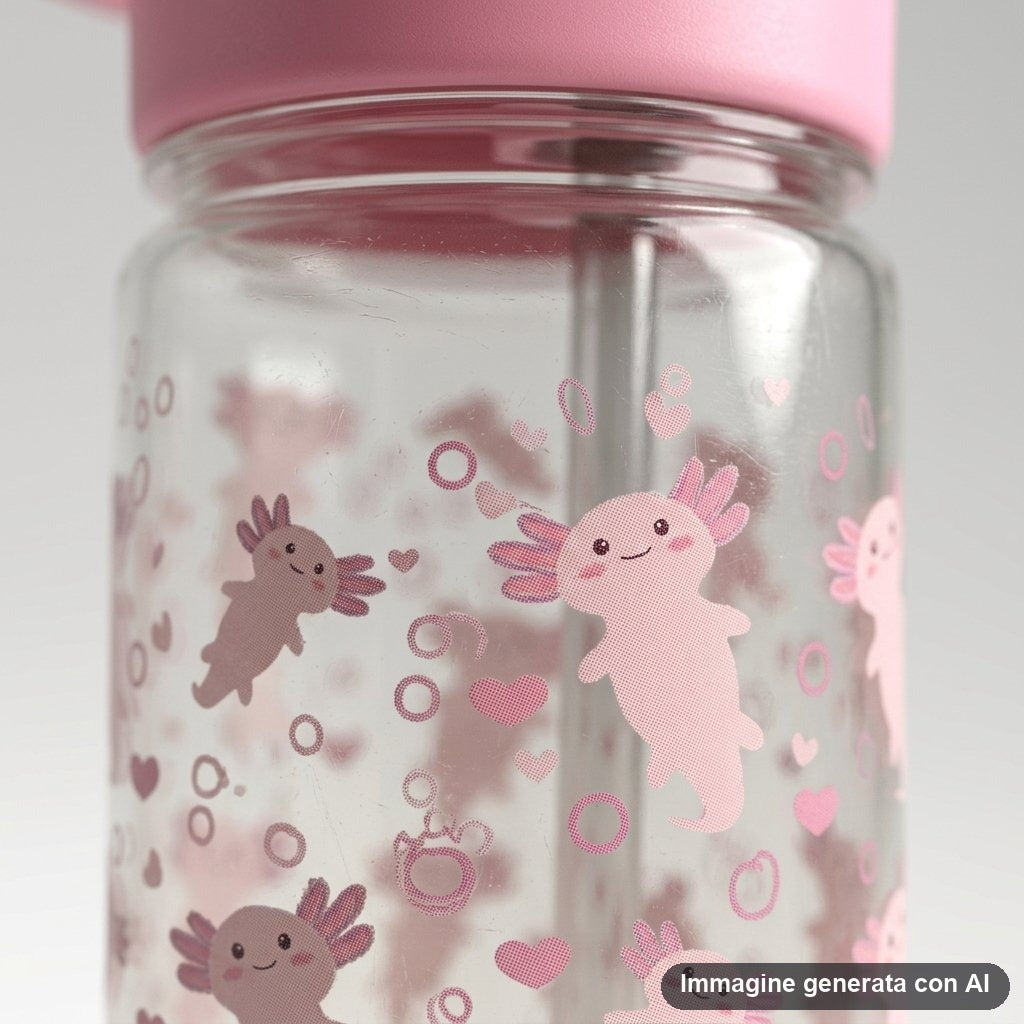 Borraccia trasparente da 650 ml con axolotl rosa e cuori, tappo rosa e cannuccia