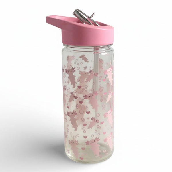 Borraccia trasparente da 650 ml con axolotl rosa e cuori, tappo rosa e cannuccia
