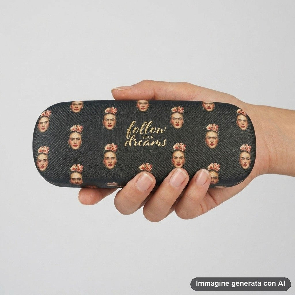Custodia occhiali nera con stampa ripetuta di volti vintage e scritta follow your dreams in oro