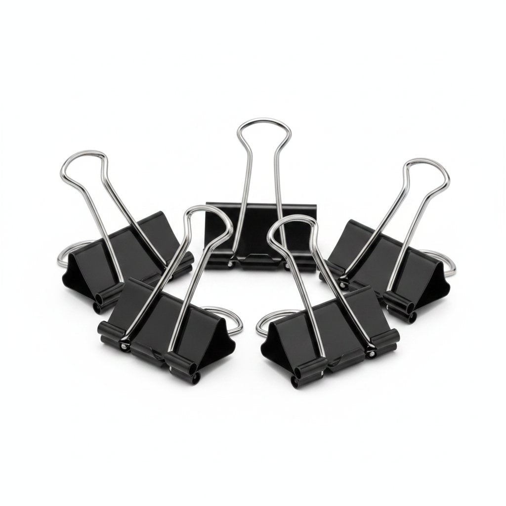 Set di clip fermacarte nere con leve metalliche cromate su sfondo bianco