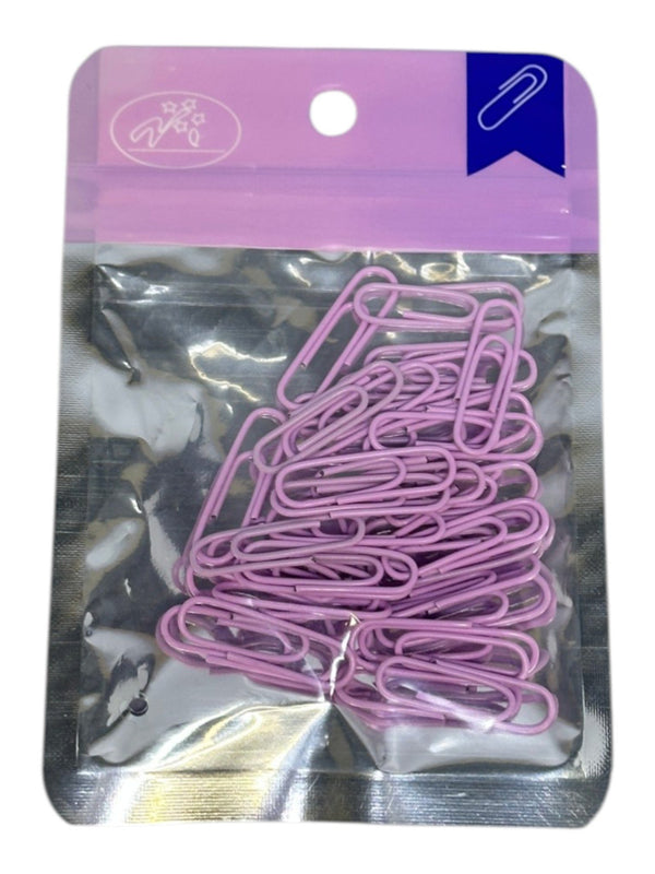 Set di 40 graffette in metallo rivestito di colore rosa acceso, disposte a ventaglio su sfondo bianco