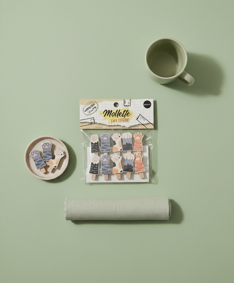 Set 10 mollette legno con design zampe gatto su sfondo verde, con tazza e piatto decorativo
