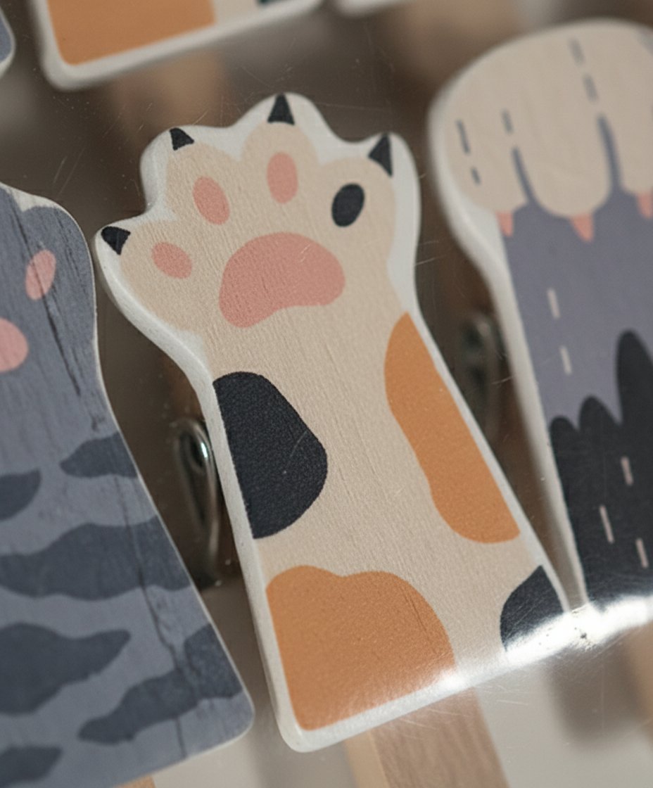 Set 10 mollette in legno con fantasia zampette gatto, colori bianco, nero, arancione e rosa