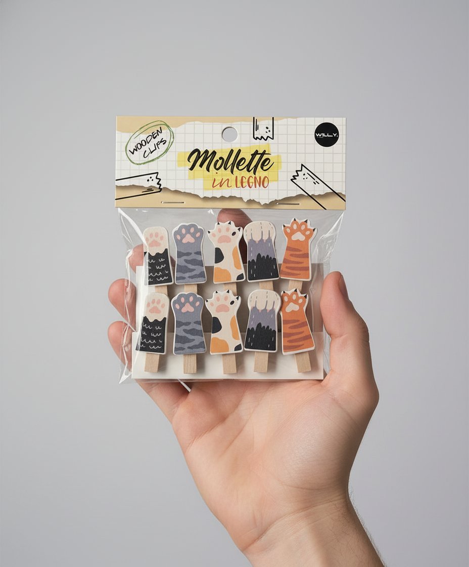 Set 10 mollette legno con gatti colorati e zampette, fantasia animali, tonalità arancione grigio e nero