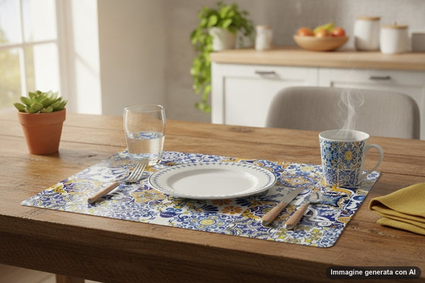 Tovaglietta americana rettangolare con fantasia di piastrelle in maiolica blu e gialla