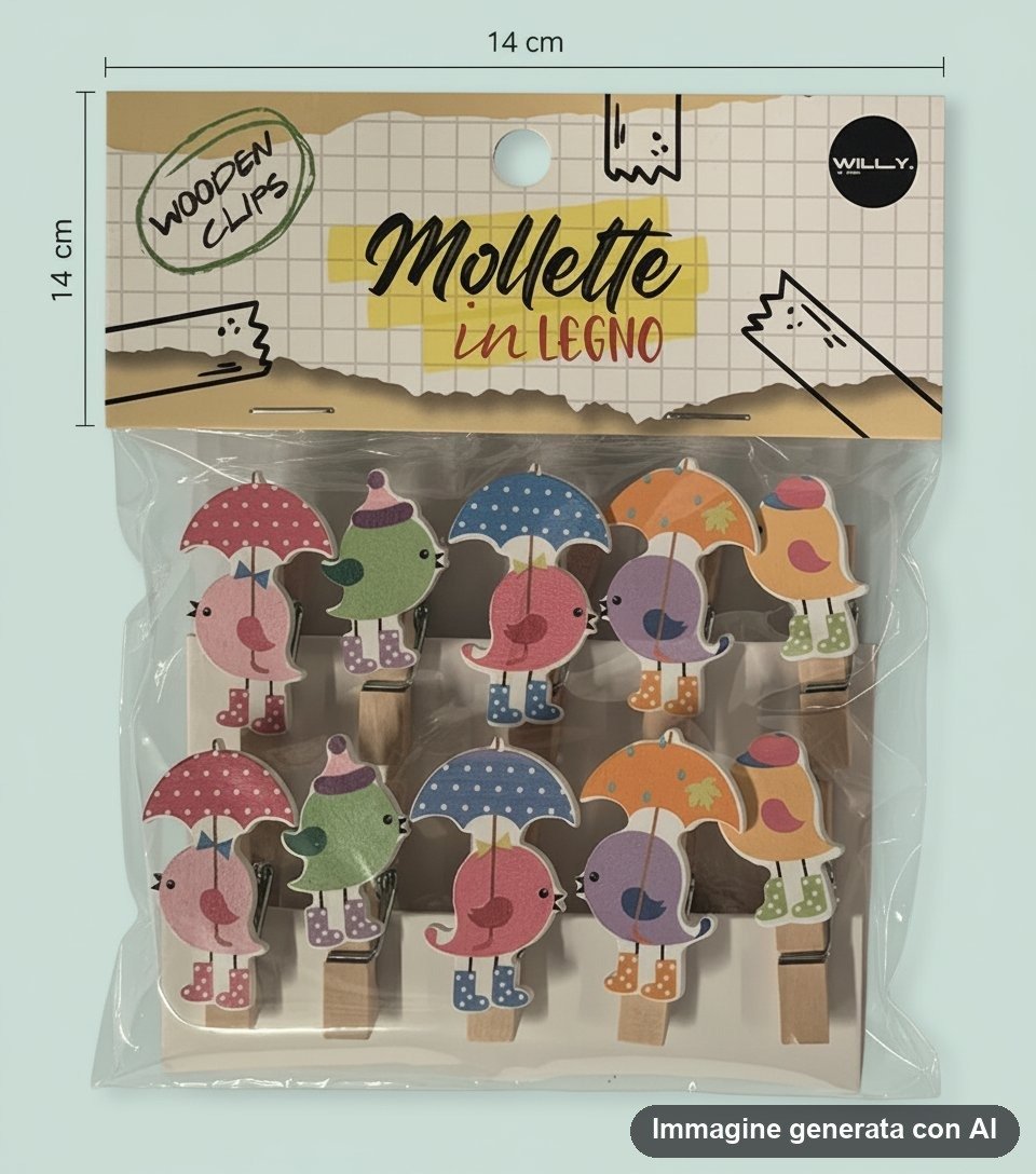 Dieci mollette in legno decorate con uccellini colorati che tengono un ombrello, nella confezione