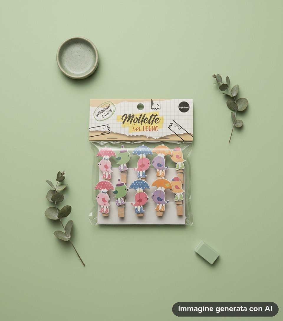 Dieci mollette in legno decorate con uccellini colorati che tengono un ombrello, nella confezione