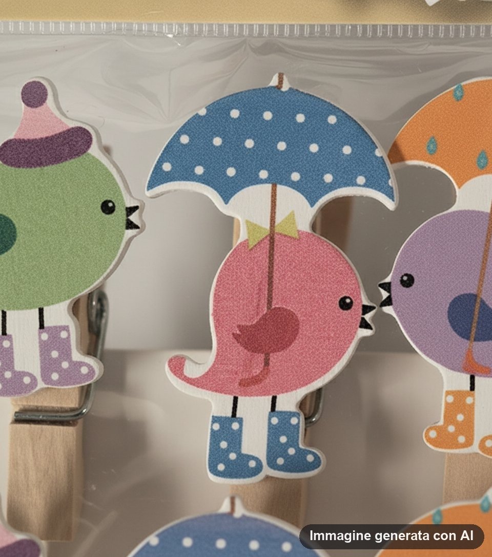Dieci mollette in legno decorate con uccellini colorati che tengono un ombrello, nella confezione