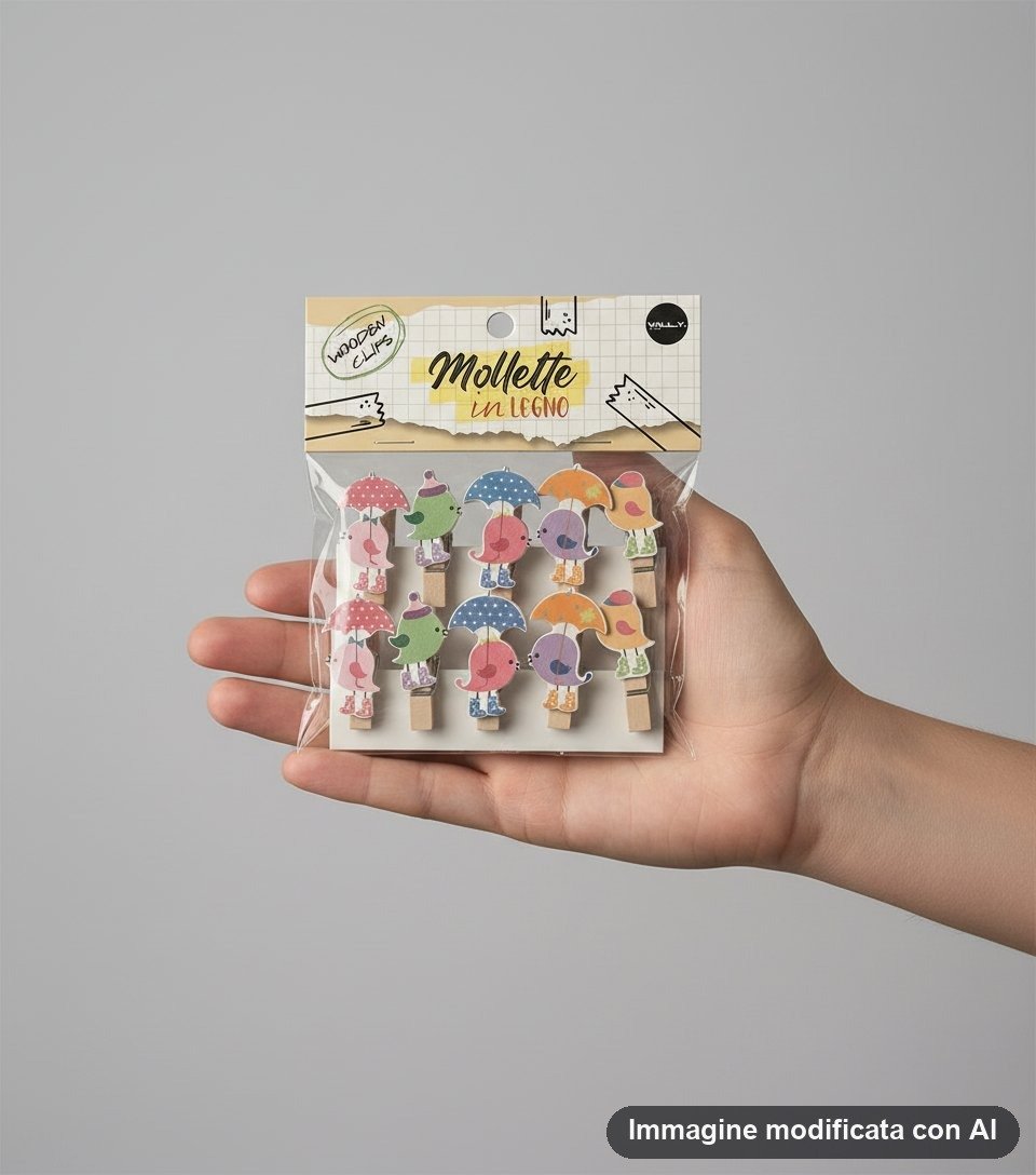 Dieci mollette in legno decorate con uccellini colorati che tengono un ombrello, nella confezione