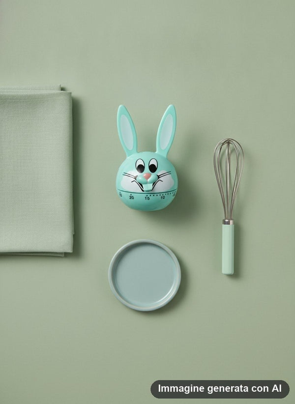 Timer da cucina meccanico a forma di coniglio verde menta con orecchie lunghe