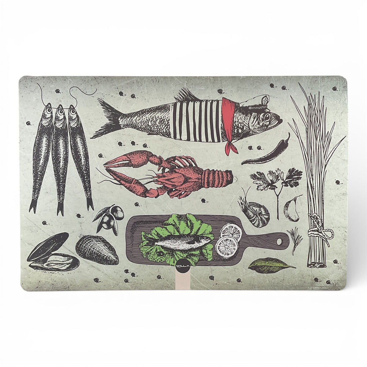 Tovaglietta americana con fantasia pesci e frutti di mare su sfondo grigio, design vintage con illustrazioni colorate