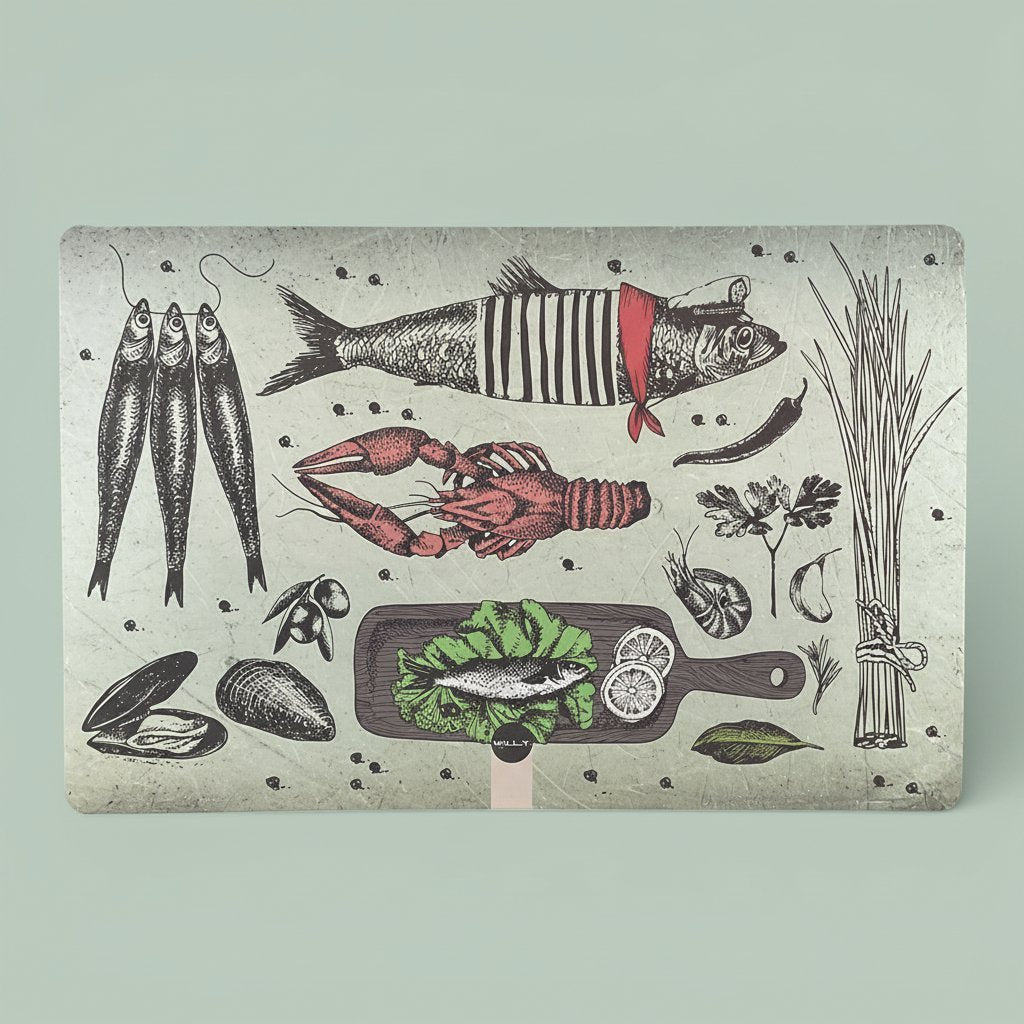 Tovaglietta americana con fantasia pesci e frutti di mare, disegni vintage in nero, rosso e verde su sfondo beige