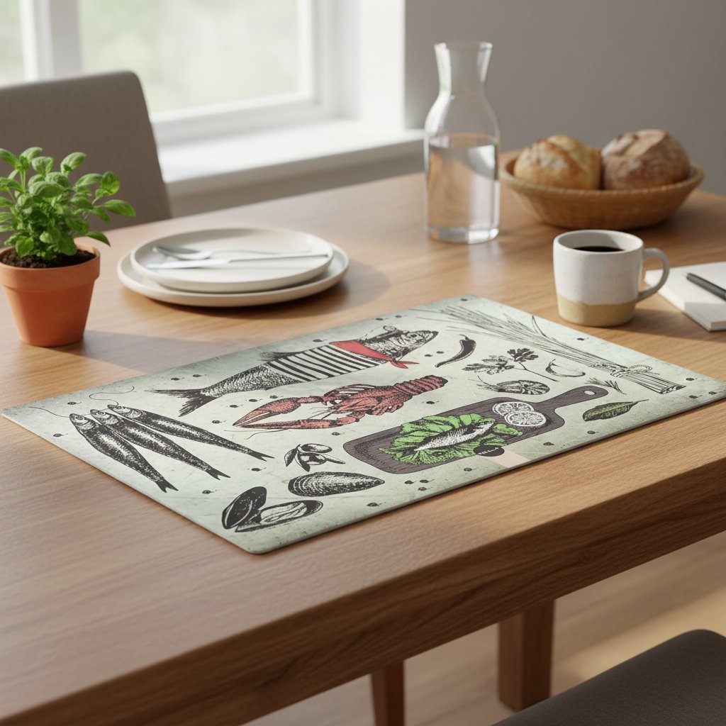 Tovaglietta americana con stampa vintage di pesci e frutti di mare, colori neutri e dettagli illustrati su tavolo in legno