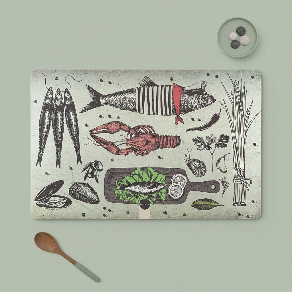 Tovaglietta americana con fantasia pesce e frutti di mare, illustrazioni in bianco e nero con dettagli colorati su fondo