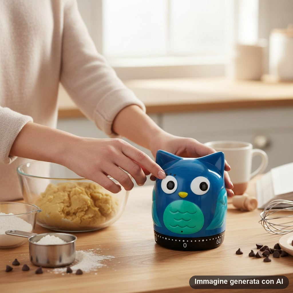 Timer da cucina a forma di gufo blu con occhi grandi e pancia verde acqua