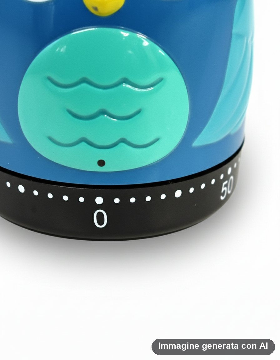 Timer da cucina a forma di gufo blu con occhi grandi e pancia verde acqua