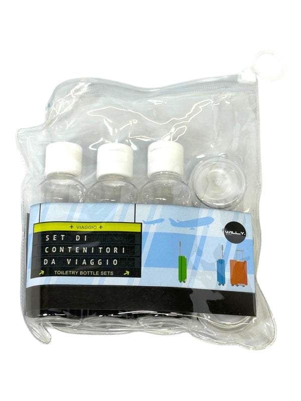 Set da viaggio contenitori trasparenti 85ml con tappi bianchi, ideale per liquidi in valigia