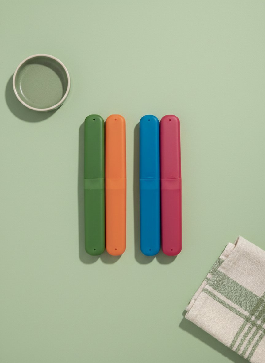 Set 2 portaspazzolino colorati verde, arancione, blu e rosa su sfondo verde salvia con accessori da bagno