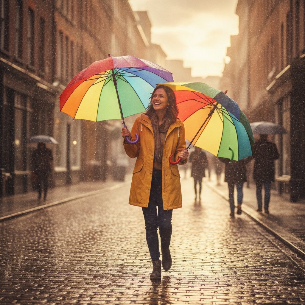 Ombrelli arcobaleno con manico curvo in viola e rosso, e ombrello aperto con spicchi multicolore blu verde giallo rosso