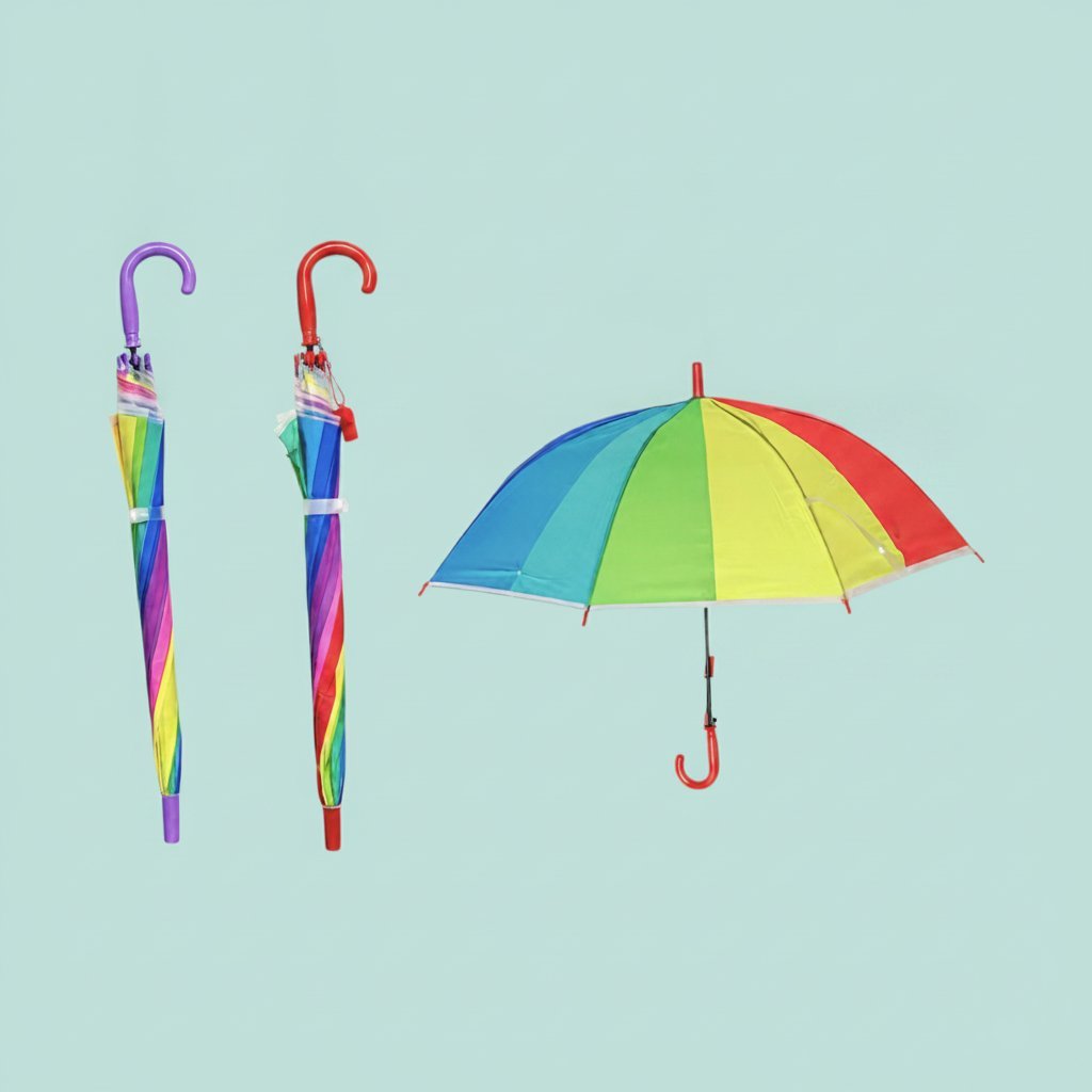 Ombrelli arcobaleno con manico curvo in viola e rosso, e ombrello aperto con spicchi multicolore blu verde giallo rosso