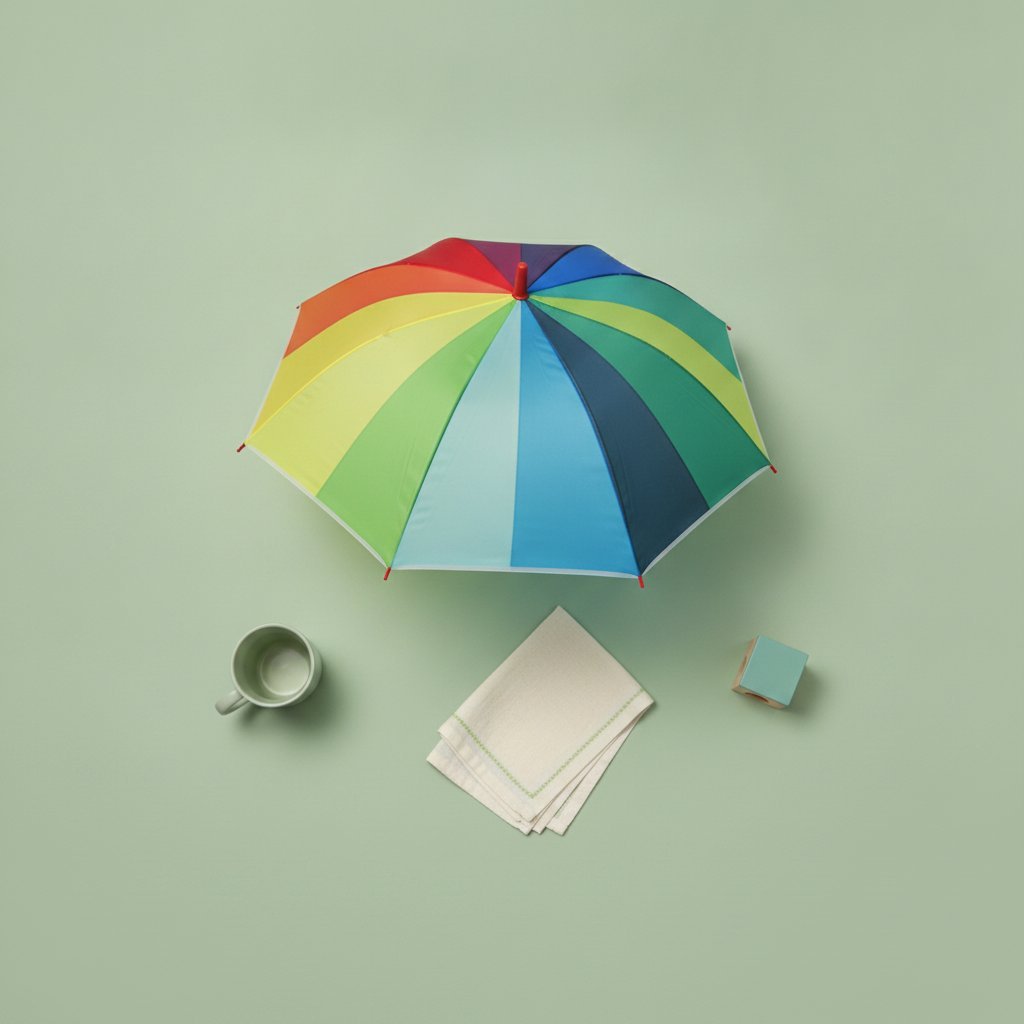 Ombrelli arcobaleno con manico curvo in viola e rosso, e ombrello aperto con spicchi multicolore blu verde giallo rosso