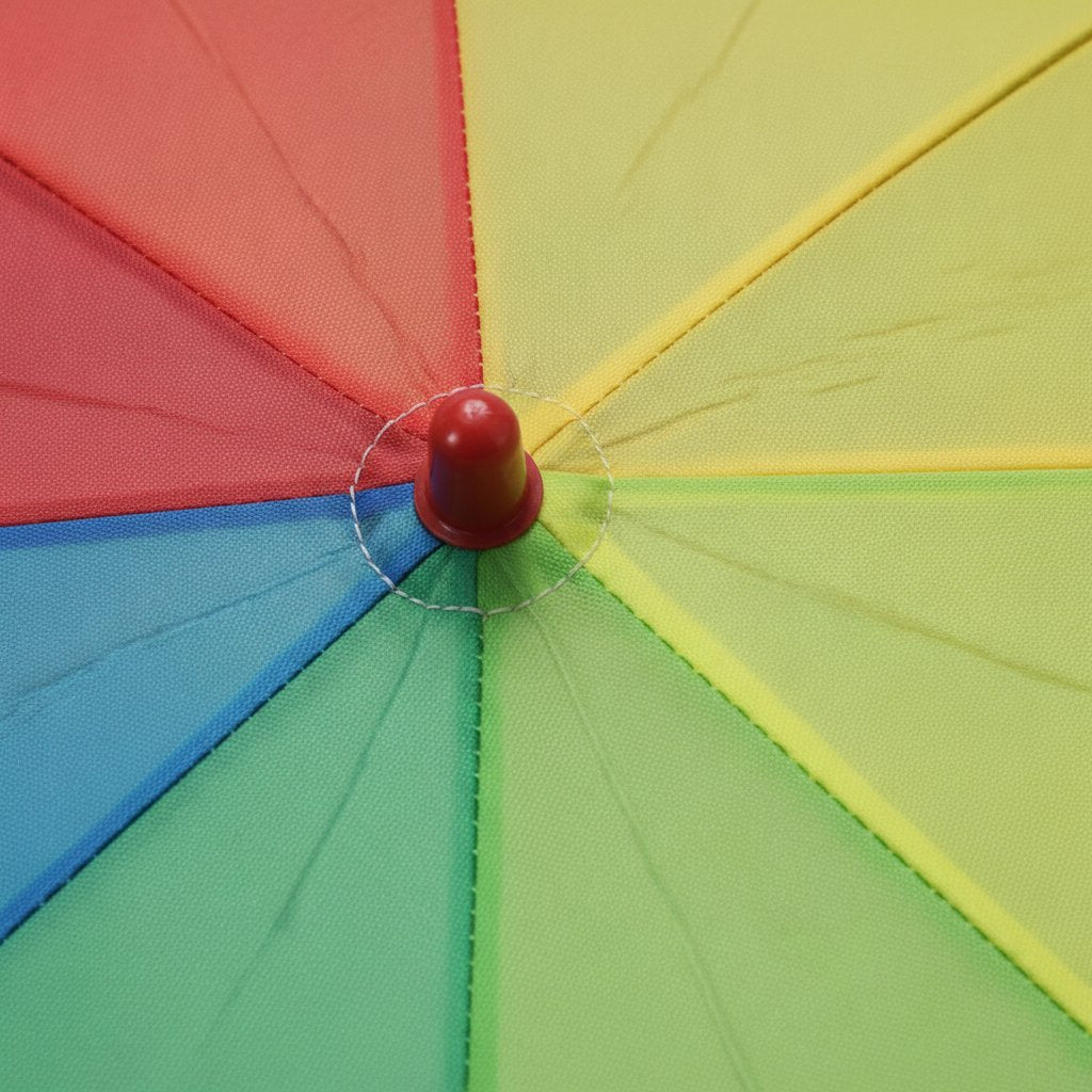 Ombrelli arcobaleno con manico curvo in viola e rosso, e ombrello aperto con spicchi multicolore blu verde giallo rosso