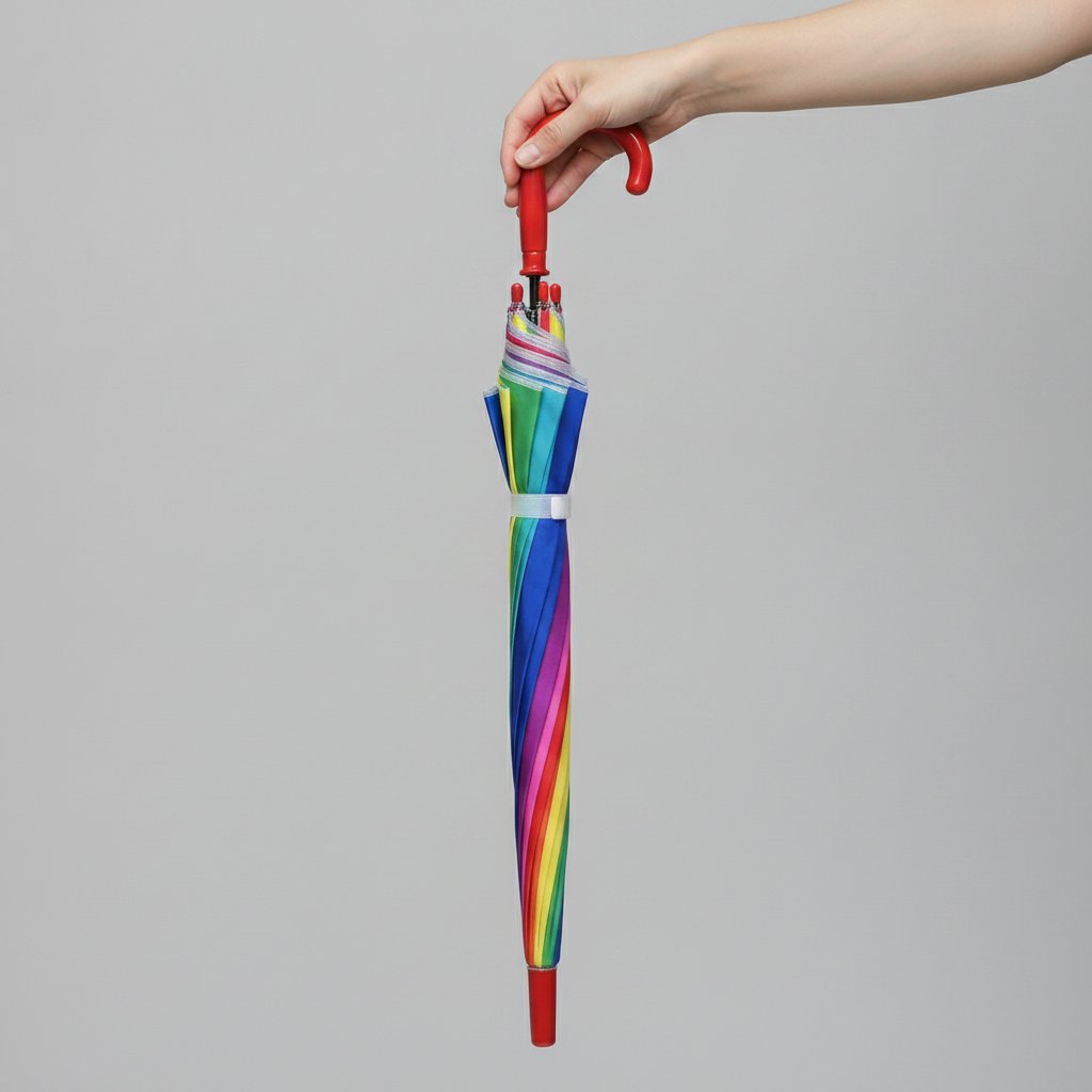 Ombrelli arcobaleno con manico curvo in viola e rosso, e ombrello aperto con spicchi multicolore blu verde giallo rosso