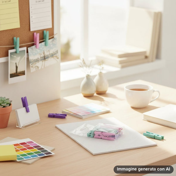 Set di mini mollette in legno colorate rosa, viola e verde acqua su sfondo bianco