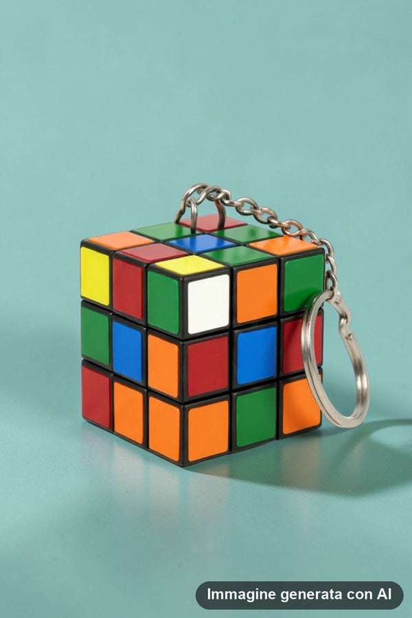 Portachiavi a forma di cubo rompicapo colorato appeso al cartoncino illustrato
