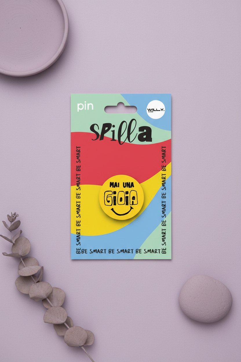 Spilla rotonda gialla con smile e scritta Mai Una Gioia, su packaging colorato con strisce verde, blu, rosso e giallo,
