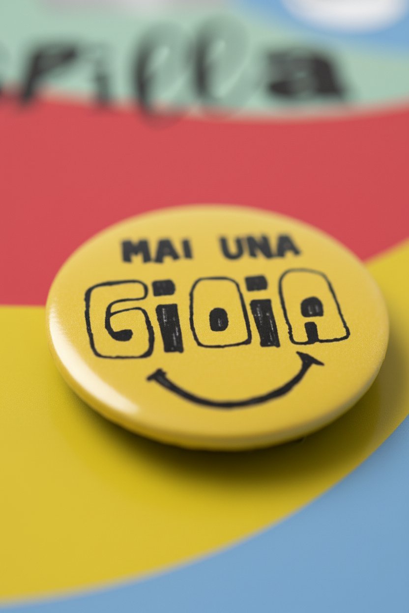Spilla rotonda gialla con scritto "Mai una Gioia" e faccina sorridente, su sfondo colorato rosso blu e giallo
