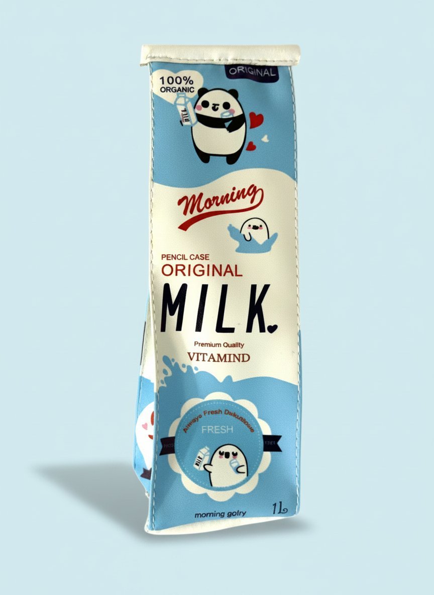 Astuccio portapenne a forma di cartone di latte azzurro e bianco con simpatici panda, scritte "Original Milk" e dettagli