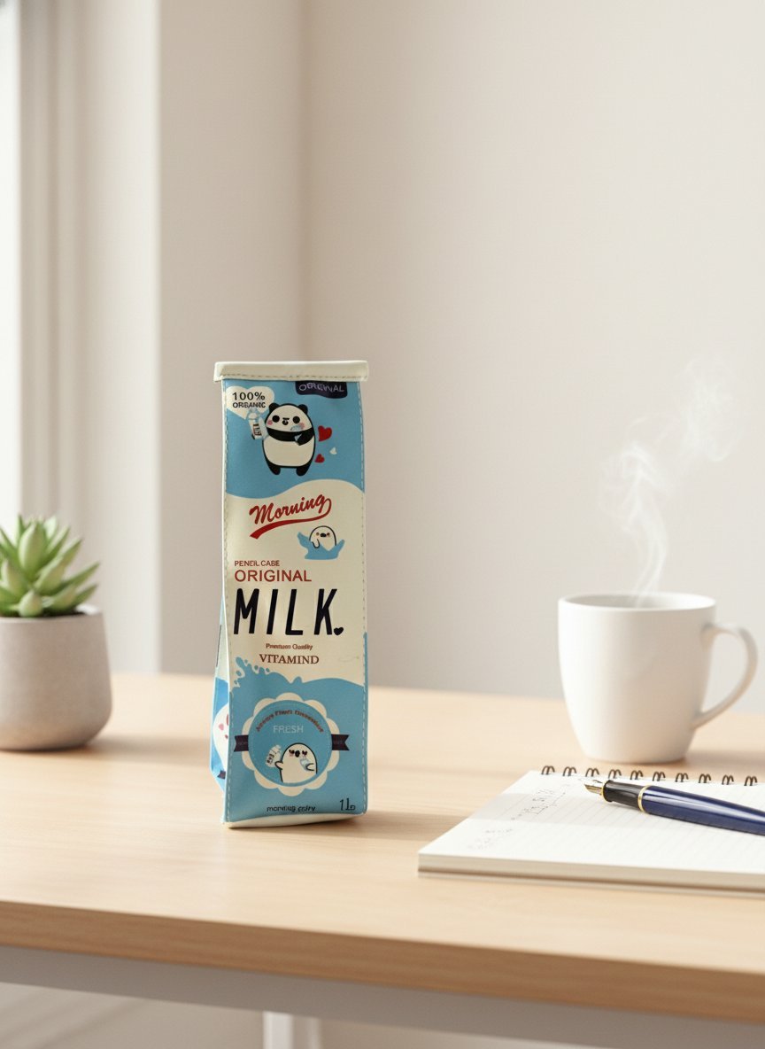Astuccio portapenne a forma di cartone di latte blu con panda, scritta MILK e dettagli bianchi