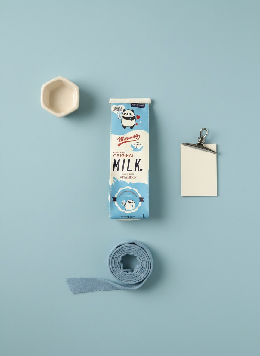 Astuccio portapenne a forma di cartone di latte blu con panda, accanto a nastro azzurro, blocco note e contenitore bianco