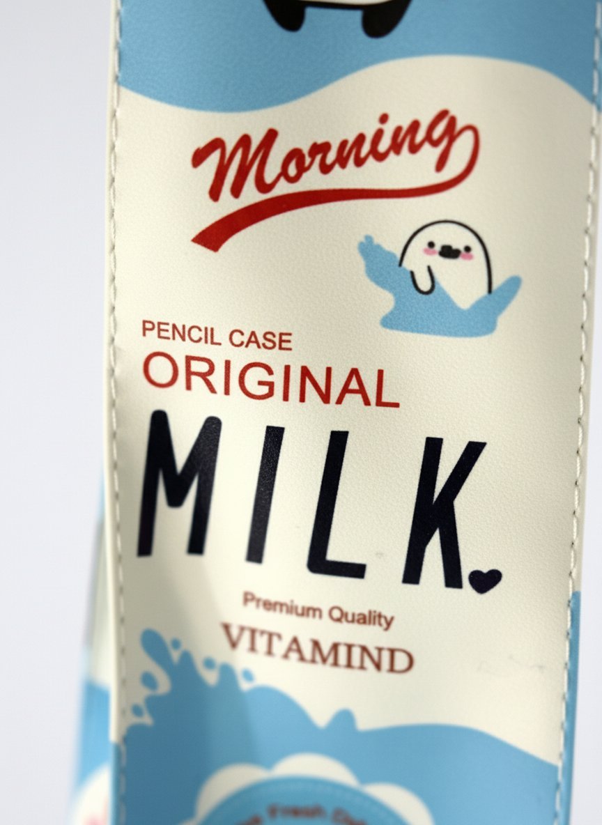 Astuccio portapenne Morning Milk design latte bianco e azzurro con simpatico personaggio kawaii