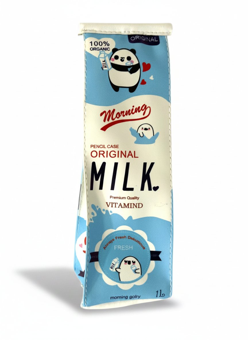 Astuccio portapenne a forma di cartone di latte Morning Milk con fantasia panda, colori blu e bianco, design vintage retrò