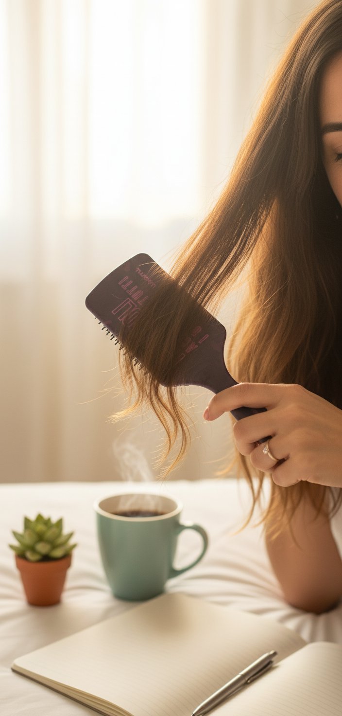 Spazzola per capelli nera con scritte in neon fucsia e manico decorato con fantasia pettini su sfondo rosa