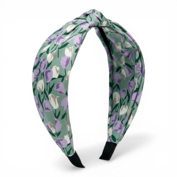 Tre cerchietti per capelli con nodo e fantasia a fiori nei toni beige, verde salvia e nero