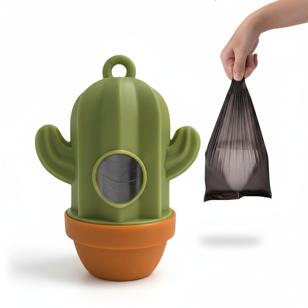 Dispenser per sacchetti igienici a forma di cactus verde in un vaso di terracotta